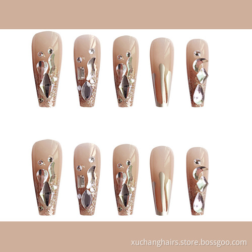 Wholesale Artificial Fingernails Ballerina Fake Nail French Fakenail Coffin Press On Nails With Rhinestones